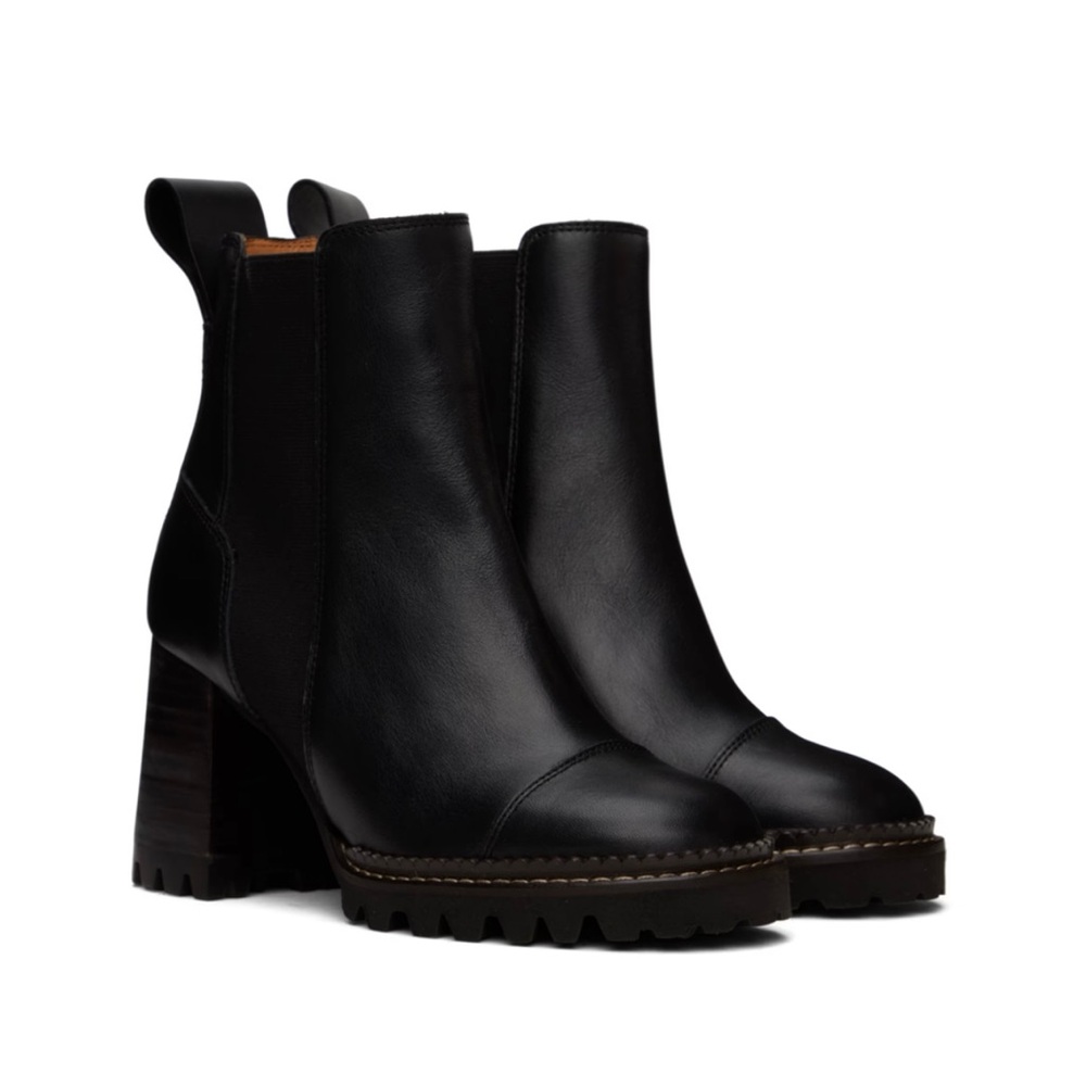 See By Chloe Black Leather Chunky Heel Boots